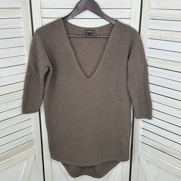 Express Deep V Neck Metallic Thread Tunic Sweater Taupe Brown Copper Small - Picture 7 of 12